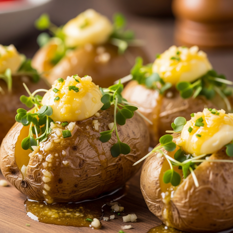 Baked Potatoes with Butter, Garlic & Microgreens