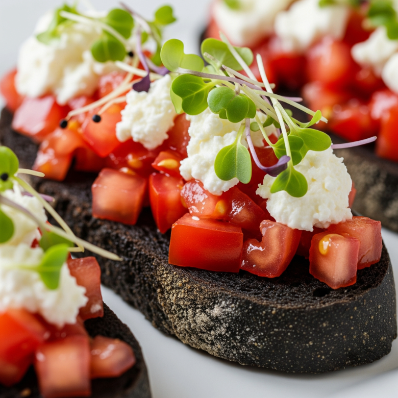 Charcoal Toast with Tomato, Ricotta & Microgreens