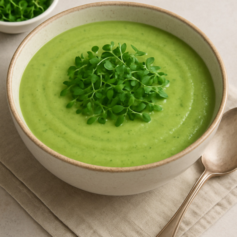 Green Soup with Pea Purée and Microgreens
